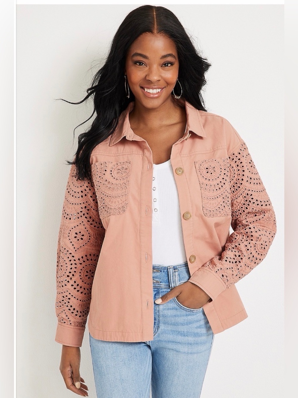 Maurice Dusty Rose Eyelet Button-Up Shirt/Jacket-Size Small